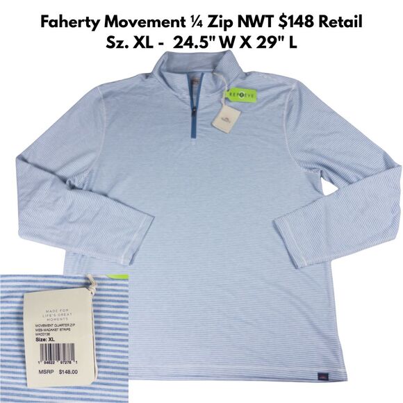 Faherty Movement Quarter Zip Pullover XL Blue Madaket Stripe NWT Stretch Knit - Picture 1 of 11